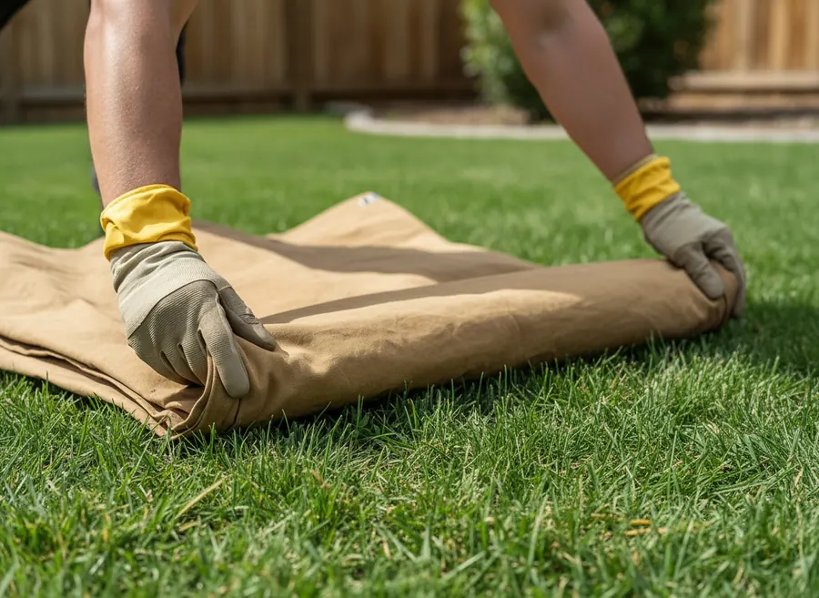 Gloved hands folding a heavy tarp on a house lawn next to a fence